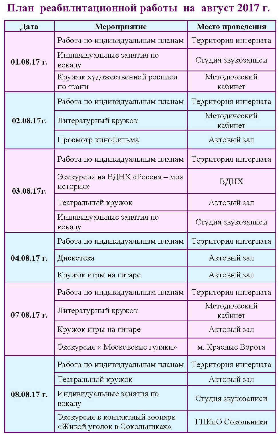 План культорганизатора в доме престарелых